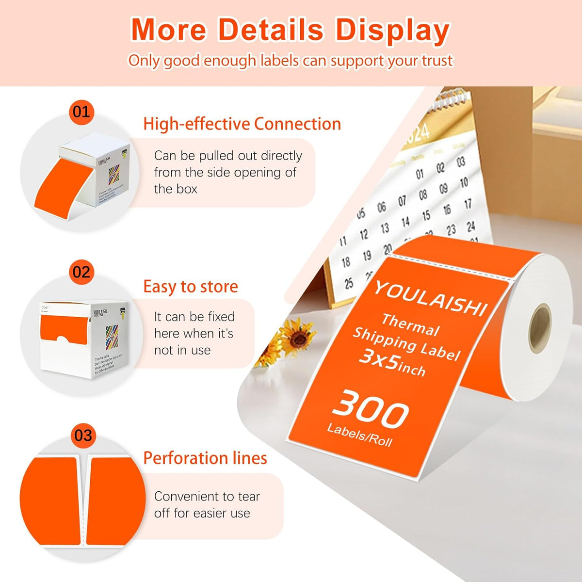 3 X 5 Inch Printable Waterproof Rectangle Color Coding Labels, 300 Per Roll Adhesive Color Coding Stickers for Bar-Codes, Address, Small Business Labeling, Fluorescent Orange