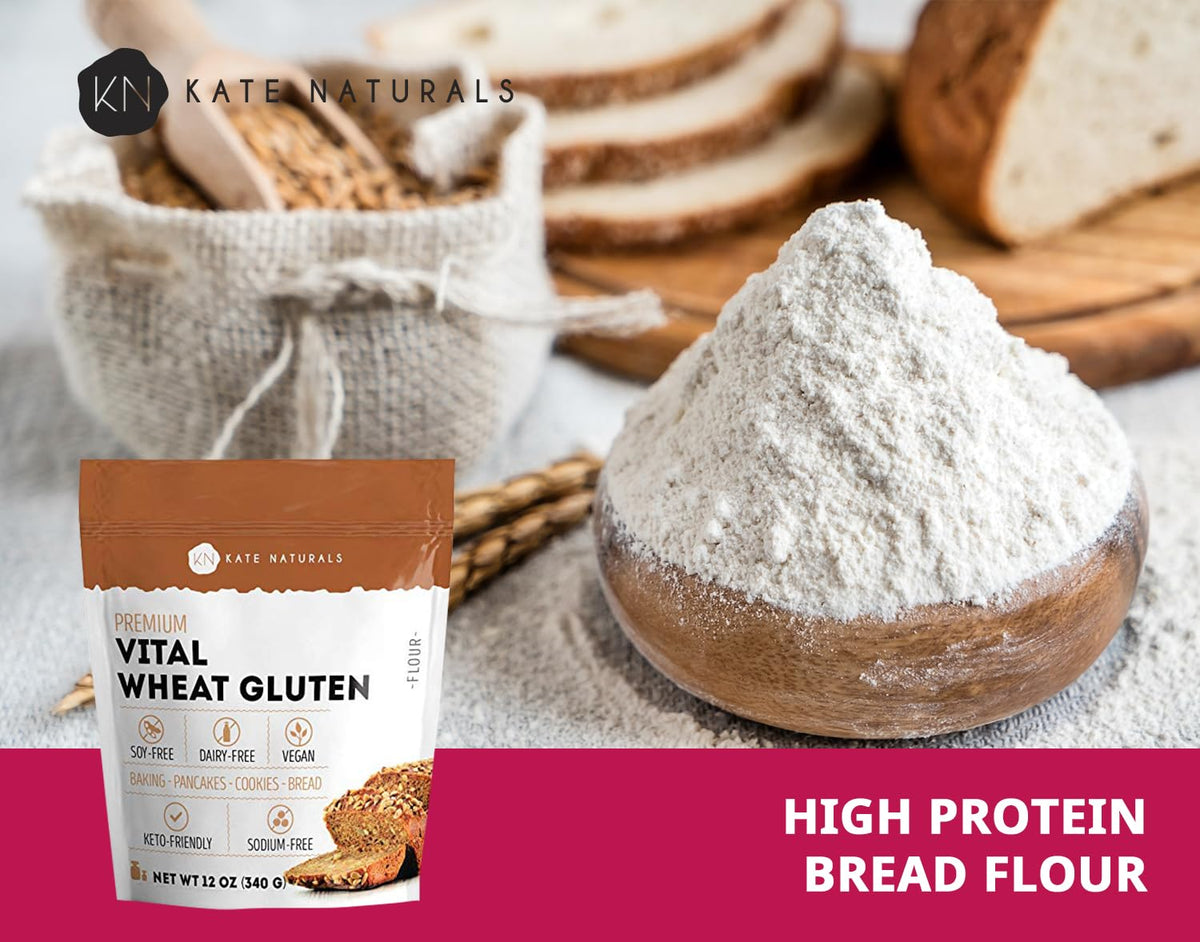 Kate Naturals Vital Wheat Gluten for Bread Making, Baking & Seitan. Compatible with Bread Machine (12oz, High Protein Flour)