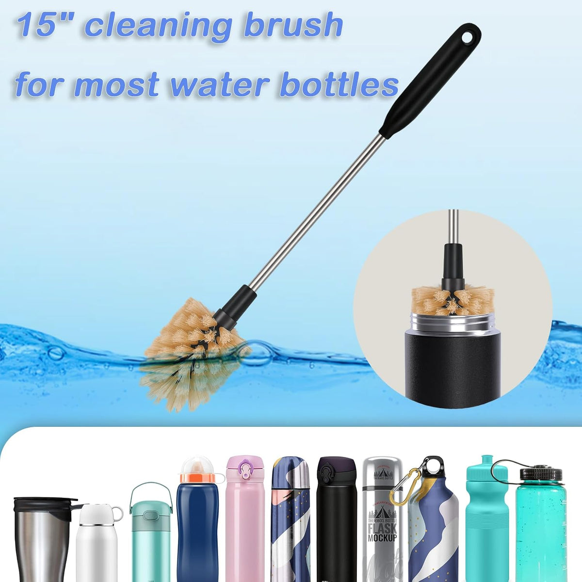 2-in-1 Long Handle Bottle Brush - Water Bottle Cleaning Accessories - Flexible Scrub Brush for Water Bottles,Mugs, Glasswares - with Replacement Brush Heads，Dishwasher Safe Reusable，Brown