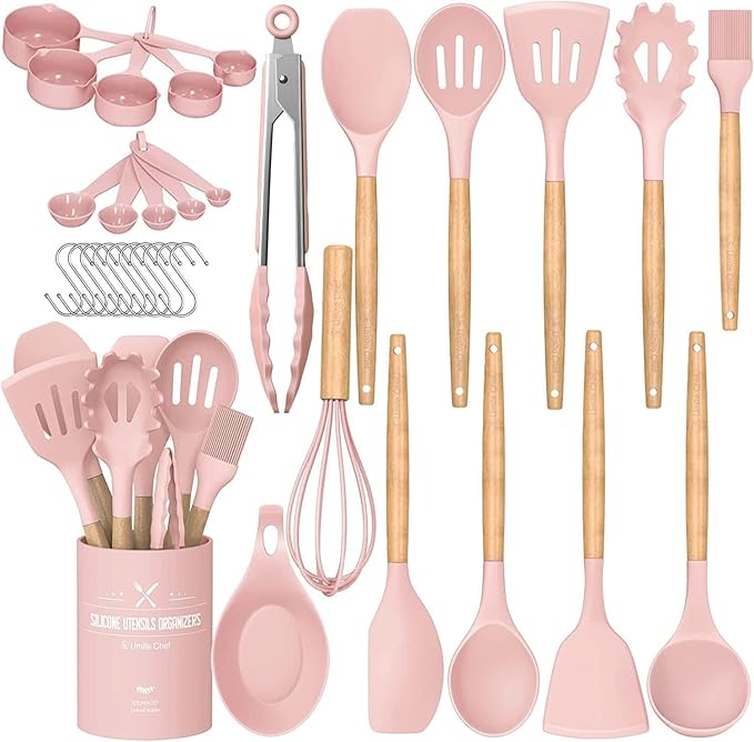 Umite Chef Silicone Kitchen Utensils Set, 33 Piece Non-Stick Kitchen Utensils with Stand, Wooden Handle, Pink
