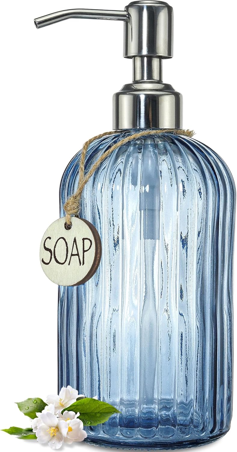 JASAI 18Oz Navy Blue Glass Soap Dispenser for Kitchen & Bathroom, Refillable Kitchen soap Dispenser with Vertical Stripe, Bathroom Soap Dispenser for Dispense Hand soap& Dish Soap.