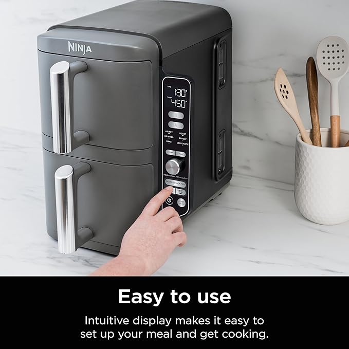 Ninja Air Fryer, 10QT DoubleStack XL 2-Basket, Compact Design, Cooks 5lb Whole Chicken, Feeds Up to 8 People, 6-in-1 Air Fryer, Roast, Bake & More, Easy to Clean, Dishwasher Safe Parts, Grey, SL401