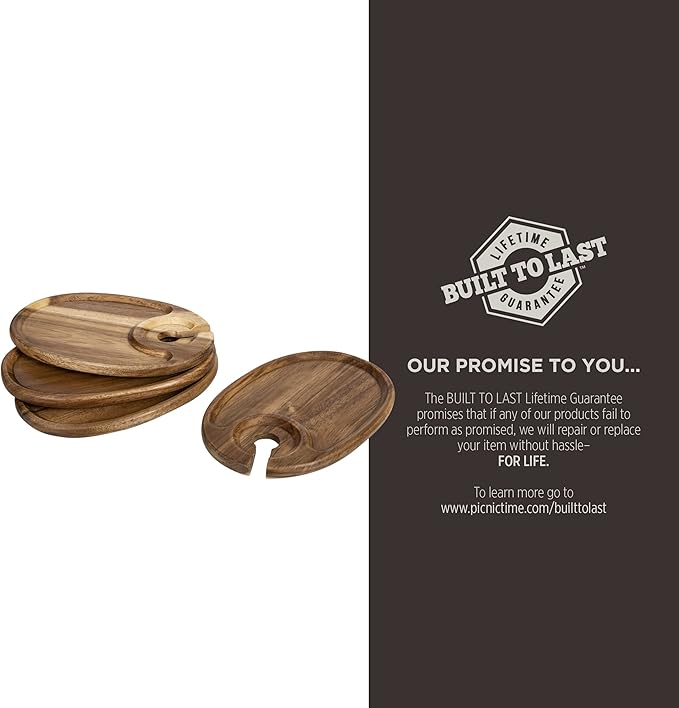 PICNIC TIME Wine Appetizer Plates, Set of 4 Wooden Cocktail Plates with Glass Holder, Mini Charcuterie Boards for Wine and Cheese Parties, Acacia Cheese Board Serving Trays (Oval - Acacia Wood)