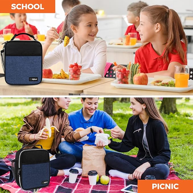 opux Premium Insulated Lunch Box, Soft School Lunch Bag for Kids Boys Girls, Leakproof Small Lunch Pail Men Women Work, Reusable Compact Cooler Tote Lunchbox for Office Adult, Heather Navy
