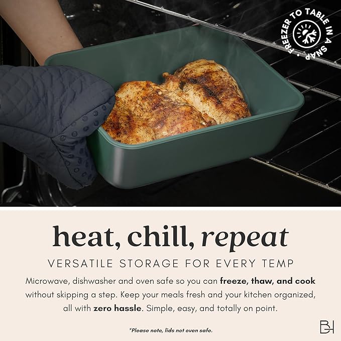 Ceramic Coated Glass Food Storage Container | No PTFE, PFOA, PFAS, and BPA | Reusable Non Toxic Meal Prep Container with Glass Lid | Easy To Store | 11 Cup Rectangle [Pine]