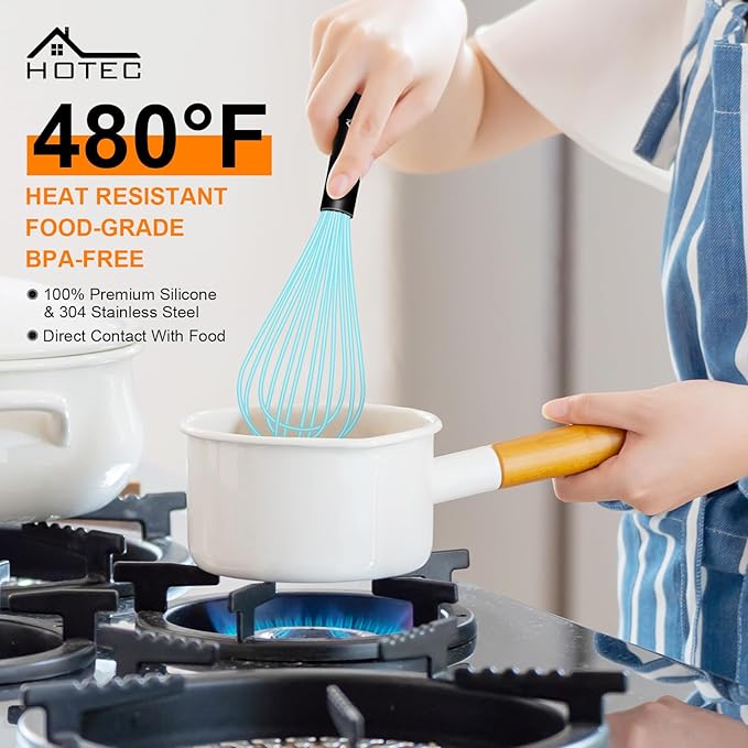 HOTEC 4 Pieces Silicone Whisks Set, Wire Balloon Whisks Egg Beater, Non-slip Handle Whisk for Non-stick Cookware Perfect for Cooking, Stirring, Beating and Blending (Blue)