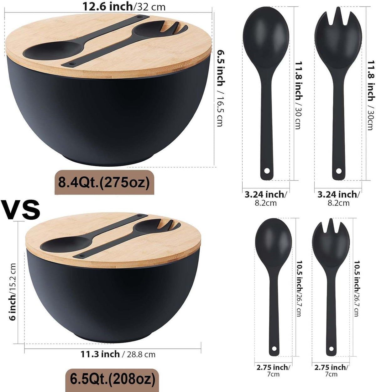 12.6" Extra Large Salad Serving Bowl Set with Wooden Lid&Utensils, 8.4Qt., Bamboo Fiber Salad Bowl with Servers for Kitchen, Big Bowl for Mixing Salad,Fruit,Pasta (Matte Black)