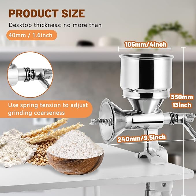 Moongiantgo Hand Grain Mill Manual Coffee Grinder Coarseness Adjustable Stainless Steel Hand Crank Grinding Tool with Table Clamp for Rice Spices Pepper Beans