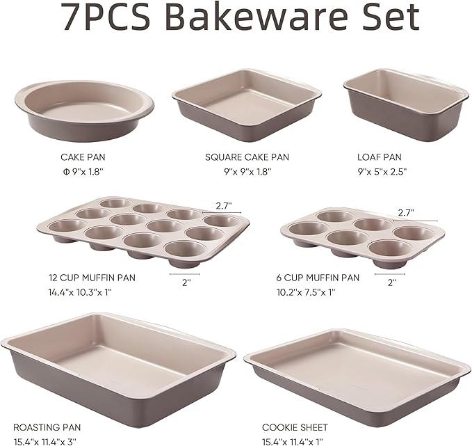 CAROTE 7-Piece Nonstick Stackable Baking Pans Set - Bakeware Sets Including Cookie Sheets for Baking, Muffin Pan, Bread Pan, Cake pan, Loaf Pan, Roasting Pan, Gray & Khaki