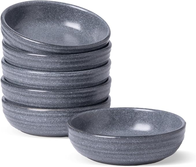 famiware Pluto Soy Sauce Dishes of 6, 3 oz Dipping Sauce Cups/Bowls/Dishes for Kitchen, Ceramic Small Bowls for Side Dish, Appetizers, Snacks, and Sushi, Reactive Glaze, Matte Dark Charcoal