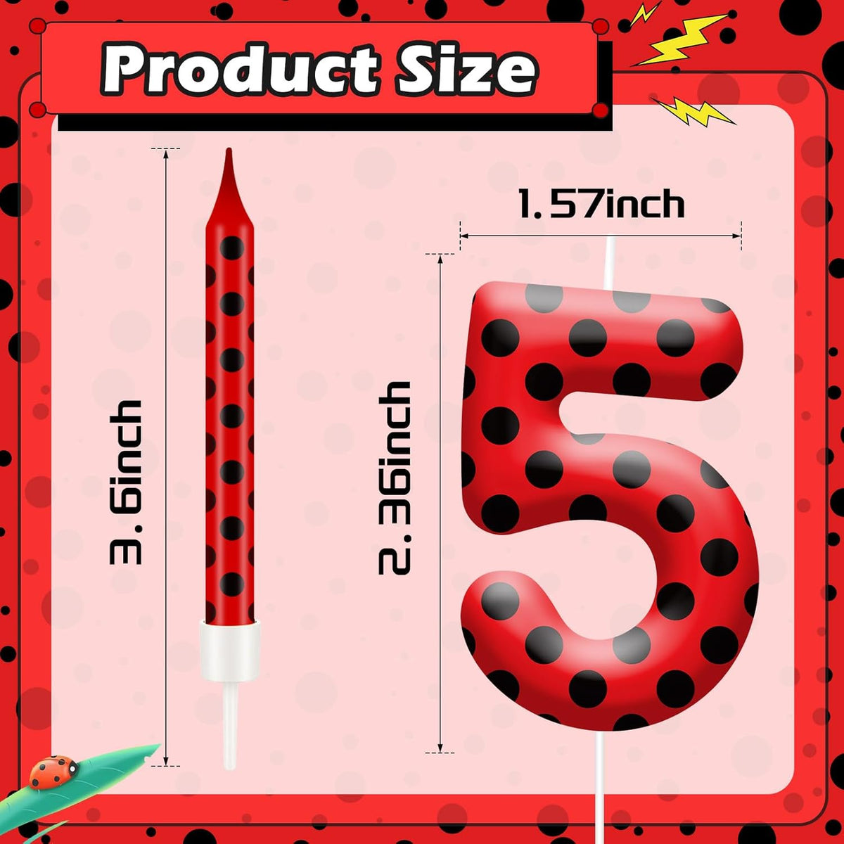 13PCS Ladybug Theme Birthday Candles Set - Red & Black Polka Dot Decorative Candles for Kids Ladybug Themed Parties, Baby Showers, Birthday Cakes, and Ladybird Inspired Celebrations(Number 5)