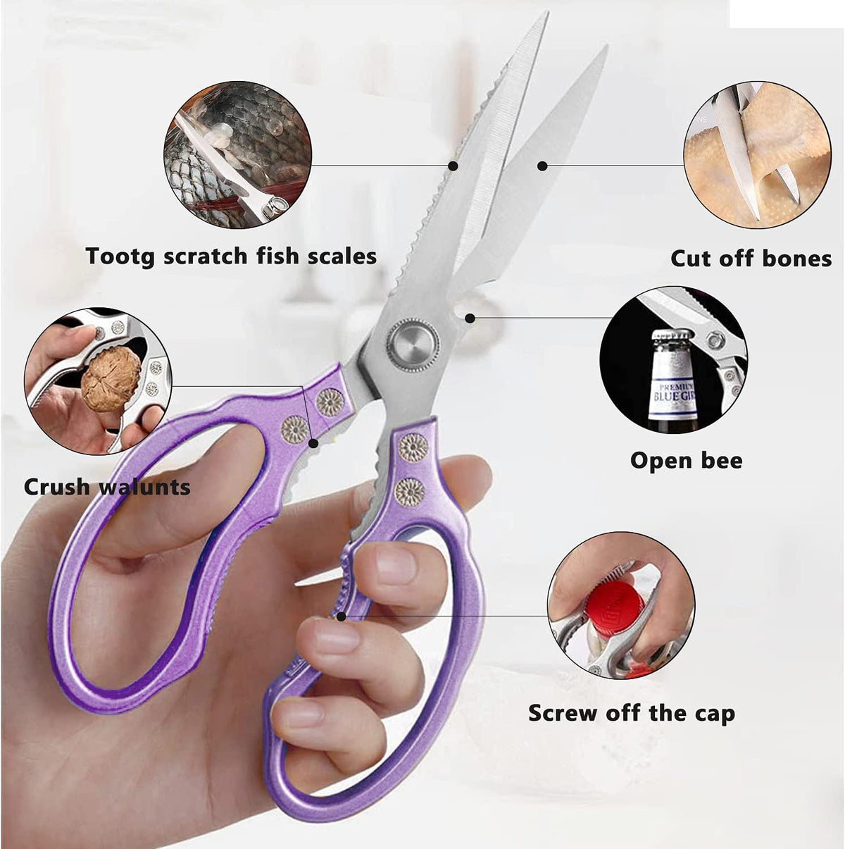 Heavy Duty Sharp Kitchen Scissors, Dishwasher Safe, Cooking Shears for Meat, Chicken, Fish, Poultry, Herb, Bread (Purple)