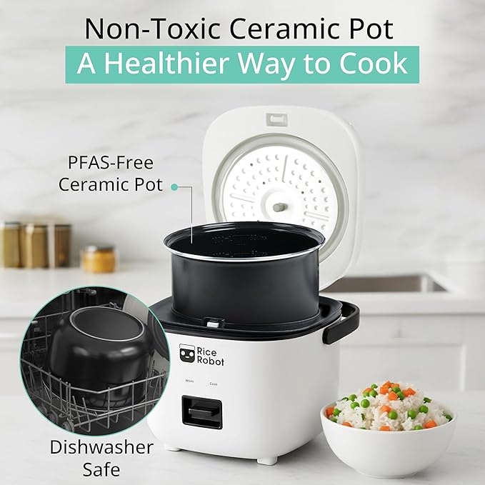 Rice Robot Personal Rice Cooker, PFAS-free, Nonstick. 1 Quart Capacity, with Stainless Steel Steamer Tray, Measuring Cups, Recipe Book with 60 Recipes, and Serving Spoon, As Seen On TV
