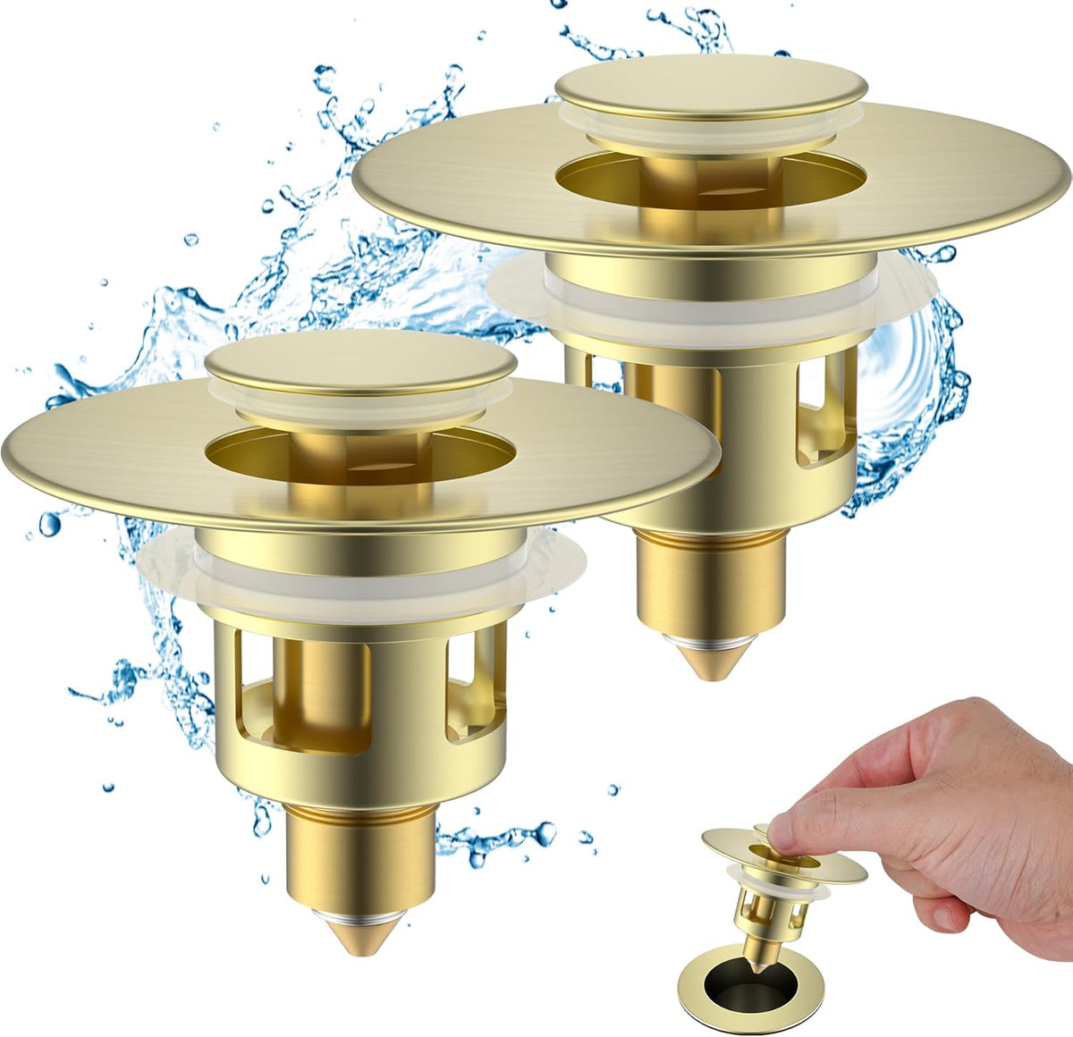 Hibbent 2 Pack All Metal Universal Bathroom Sink Stopper for 1.1''~2.3'' Basin, Pop Up Sink Drain Strainer, Brass Core Push Type Stopper, Stainless Steel Anti Clogging Drain Filter, Brushed Gold