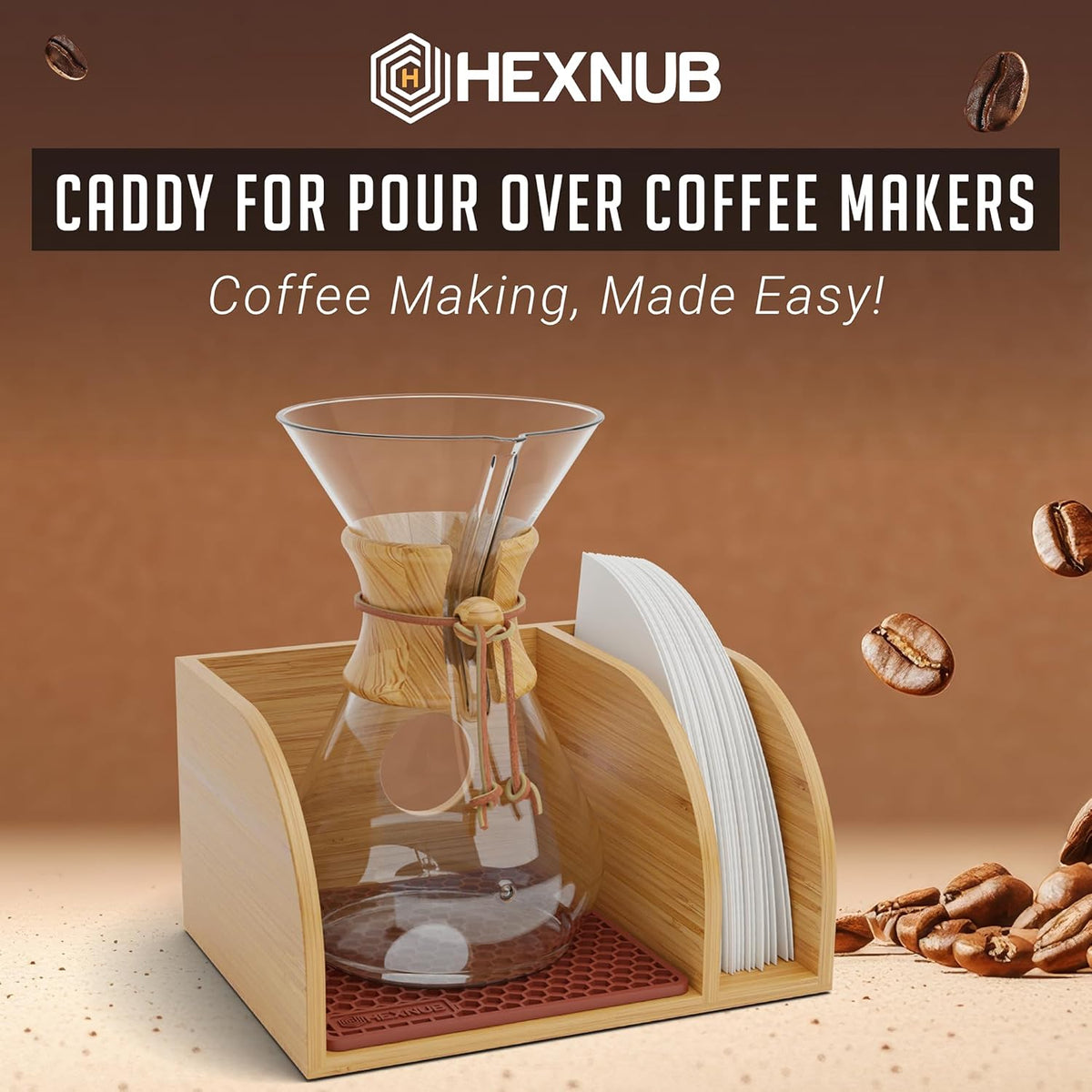 HEXNUB Bamboo Caddy for Pour Over Coffee Maker, Fits Chemex, Bodum, Cosori, Heatproof Mat, Filter Holder