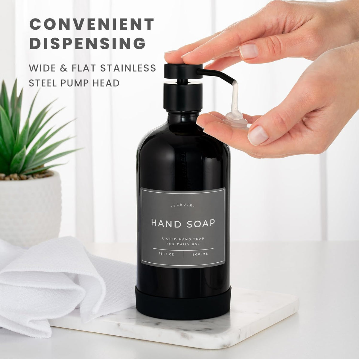 16oz Glass Soap Dispenser with Stainless Steel Pump, 21 Waterproof Labels, Non-Slip Protective Silicone Pad, Set of 2 for Bathroom & Kitchen (Gloss Black Bottle/Black Pump)