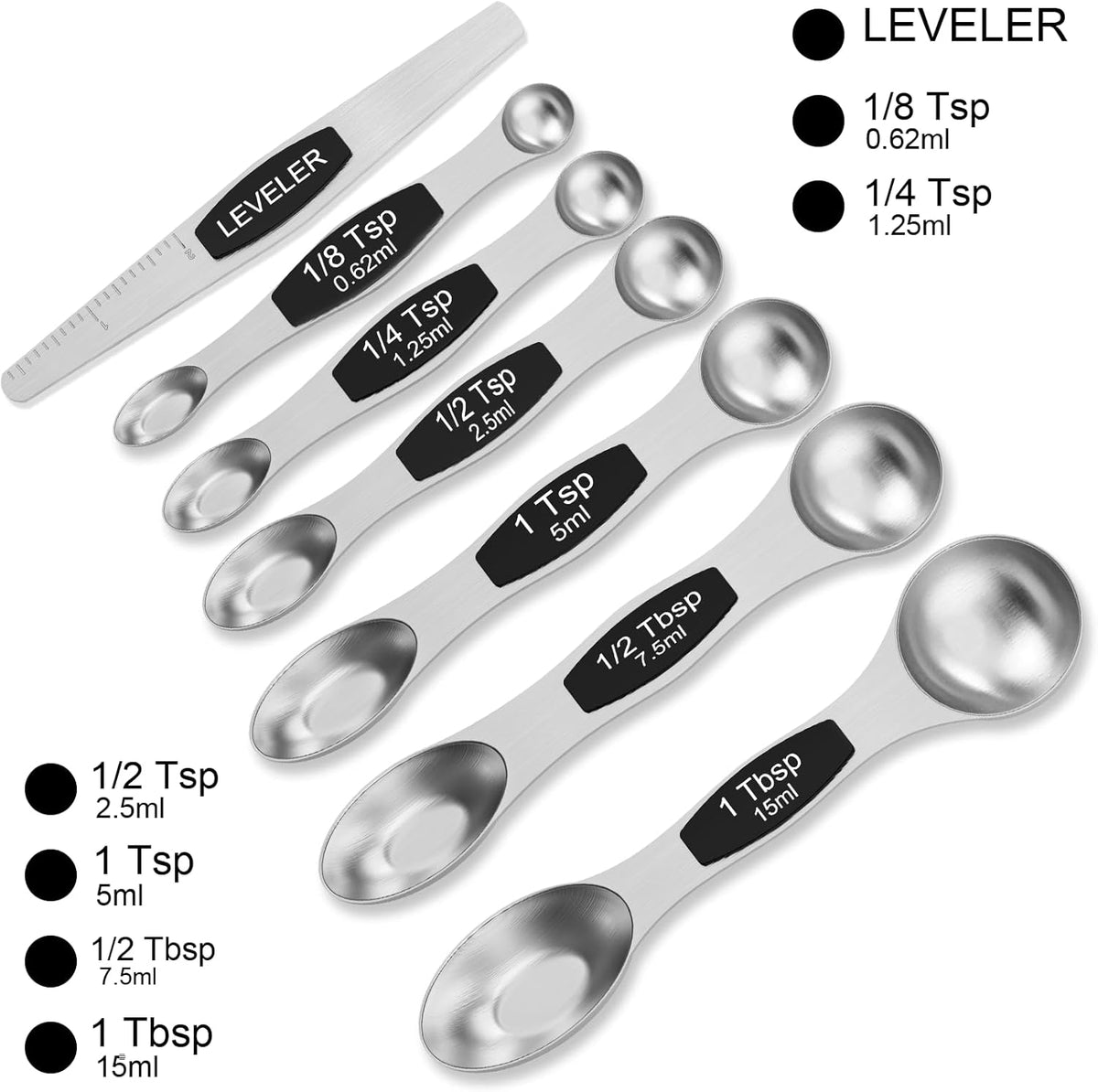 Magnetic Measuring Spoons Set - Wildone Stainless Steel Double Sided Measuring Spoons Set of 7 Black, for Dry & Liquid Ingredients, Including 6 Heavy Duty Nesting Spoons, 1 Leveler, Fits in Spice Jar