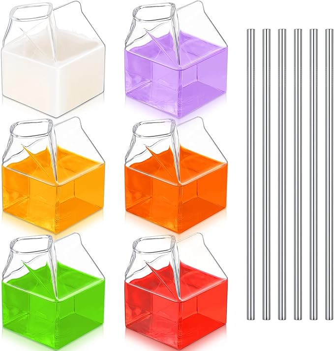 6 Pieces Clear Milk Carton Reusable Glass Container with 6 Stainless Steel Straws 12 oz Glass Milk Bottle Mini Creamer Pitcher Milk Carton Cup Hand Blown Box for Cocktail Juice Coffee Hot Water Coffee
