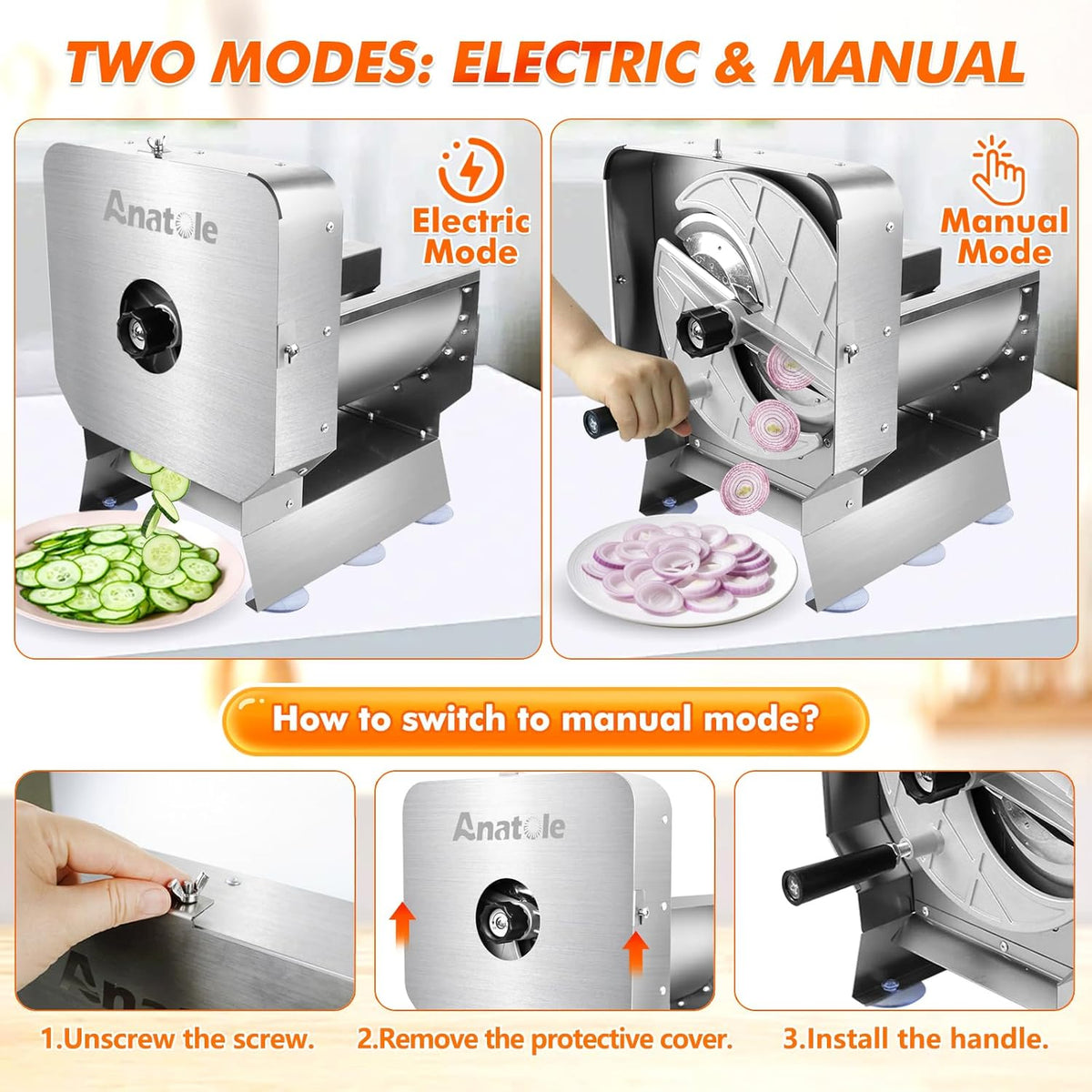 Anatole Electric Vegetable Slicer Commercial Fruit Cutter Stainless Steel 0-0.4'' Thickness Adjustable with Manual Mode for Tomato Onion Potato Cabbage Lime Orange