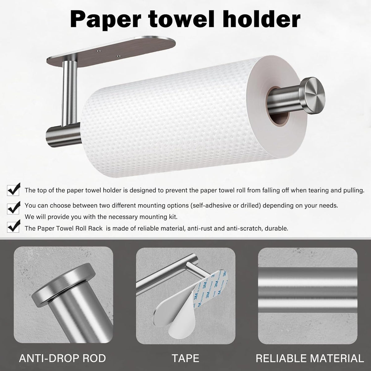 Self Adhesive or Drilling Paper Towel Holder Under Cabinet,Silver Stainless Steel Hanging Paper Towel Holder Wall Mount for Kitchen Paper Towel,Under Counter Paper Towel Roll Rack for Home,Bathroom,RV
