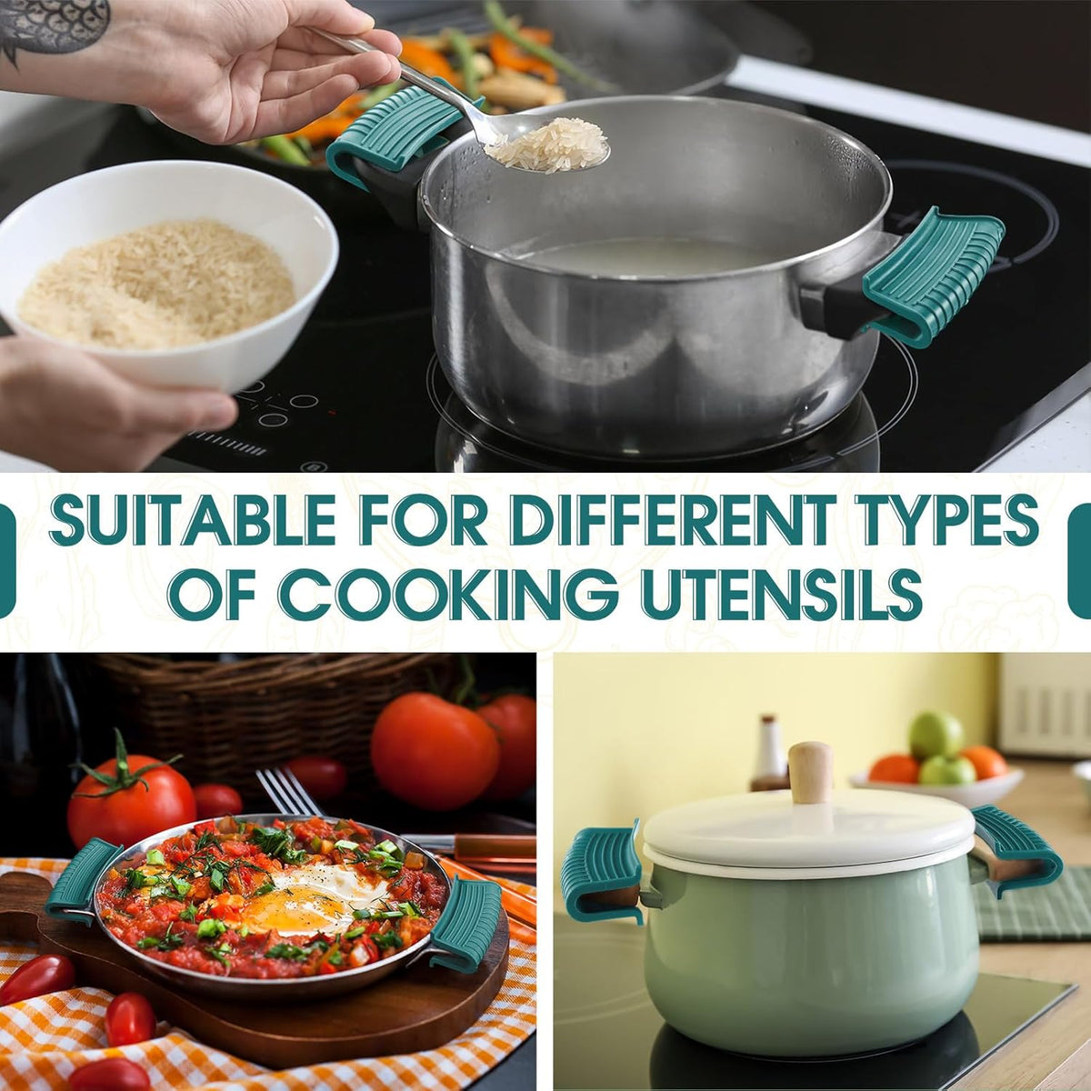 Patelai 4 Pcs Silicone Assist Hot Pan Handle Holder Pot Handle Covers for Cast Iron Skillets Holder Sleeve Nonslip Heat Resistant Pan Cover for Enameled Griddles Casserole Frying Cookware (Green)