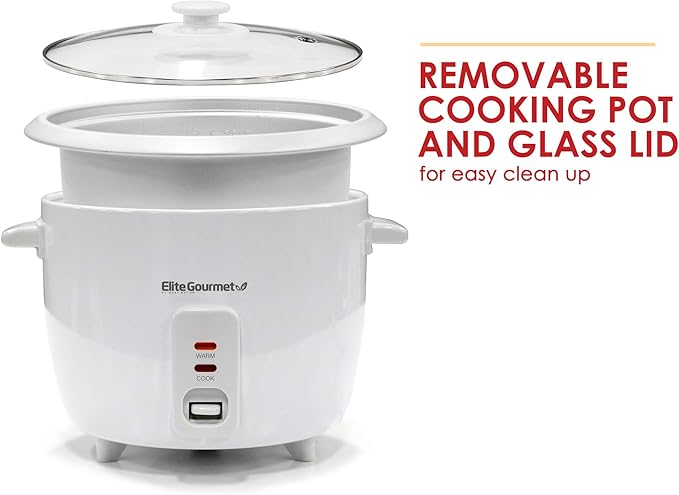 Elite Gourmet ERC-003 Electric Rice Cooker with Automatic Keep Warm Makes Soups, Stews, Grains, Hot Cereals, White, 6 Cups Cooked (3 Cups Uncooked)