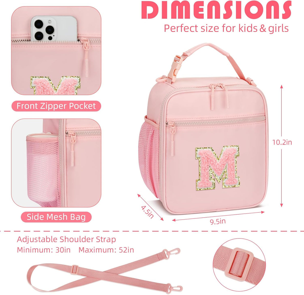 Initial Insulated Lunch Bag for Girls Kids, Back to School Gift, Reusable Leak-proof Lunch Box with Adjustable Strap for School Daycare Travel Picnic (Pink,M)