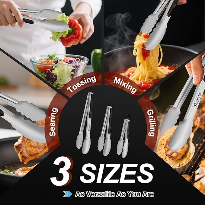 Stainless Steel Cooking Tongs Set of 3 - Heavy Duty 12/9/7 Inch Locking Tongs, Heat Resistant to 600 Degrees, Food Grade Kitchen Metal Tong for Food, Salad, & BBQ - Dishwasher Safe