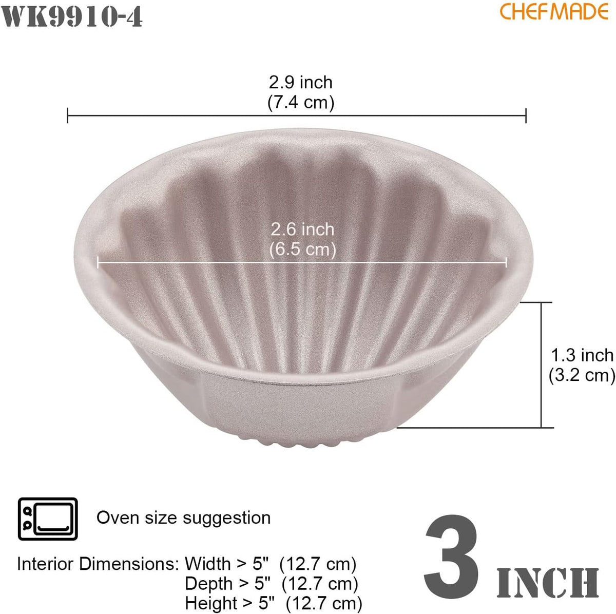 CHEFMADE Mini Madeleine Cake Pan Set, 3-Inch 4Pcs Non-Stick Spherical Shell Madeline Bakeware for Oven and Instant Pot Baking (Champagne Gold)