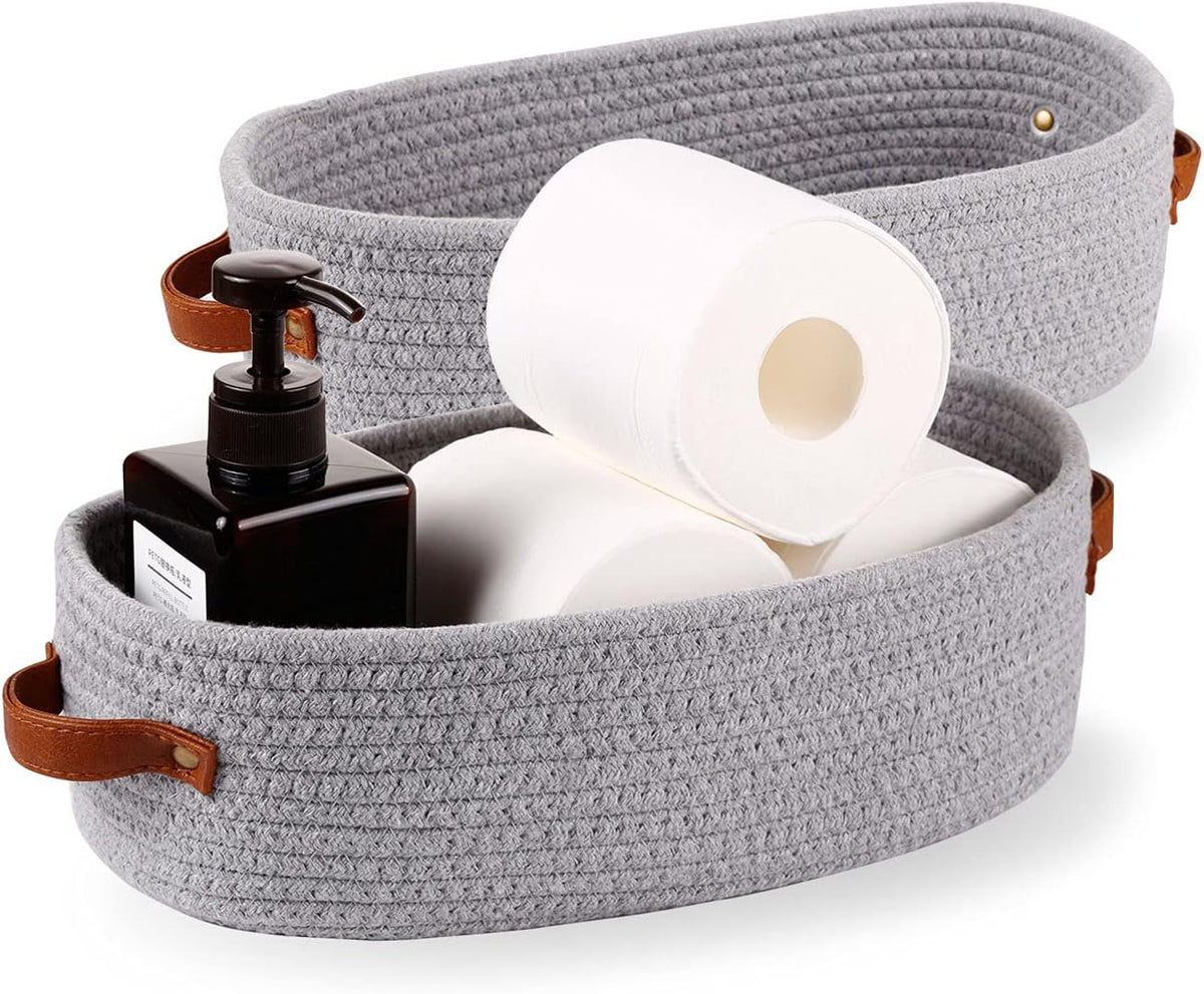 2 Pack Cotton Rope Small Woven Basket,Toilet Paper Basket,Room Storage Basket with Handles for Bathroom, 13"x5.9"x4" Gary