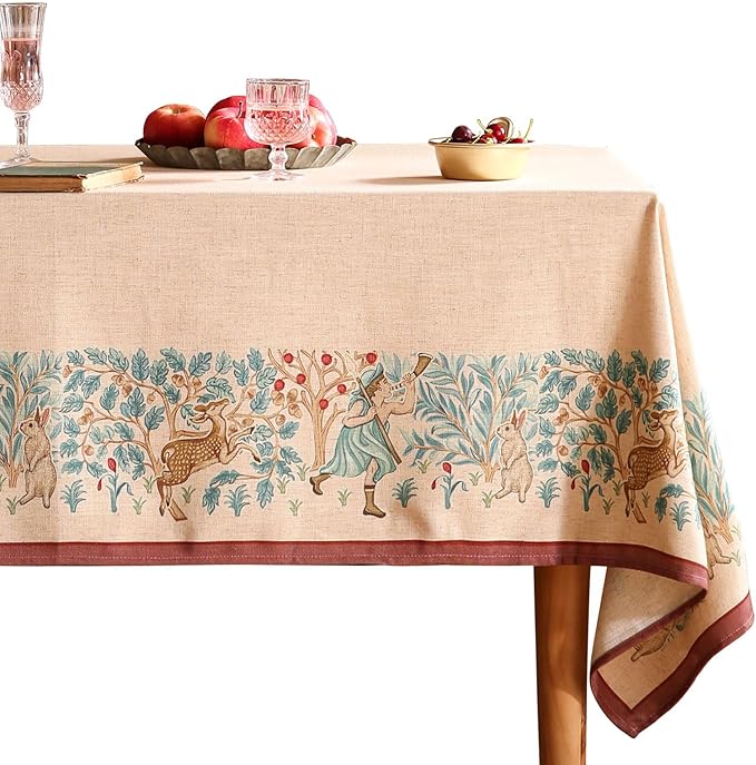patdrea Designer French Beige Long Tablecloth for Rectangle Table,Vintage Breathable Linen Trees Pattern Table Cloth,Decor Cover for Kitchen Dining Christmas,Thanksgiving,63"x94"-Tatiana D