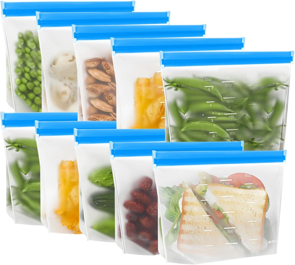 IDEATECH Sandwich Bags, Quart Freezer Bags Dishwasher Safe, Leakproof & BPA Free Reusable Bags for Food Storage, Home Organization, Traval & Make-up, Plastic Free Storage Bags Stand Up(10Pack)