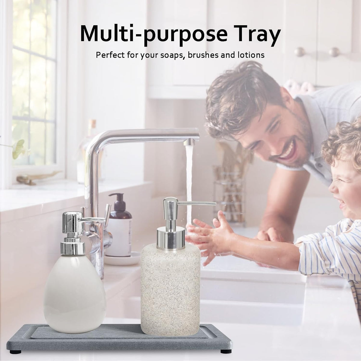 2 PCS Water Absorbing Stone Trays for Bathroom Sink & Kitchen Counter, Fast-Drying Diatomite Sink Coasters, Vanity Tray, Hand Soap Holder with Anti-Skid Pads (9.5" x 4.7" Gray)