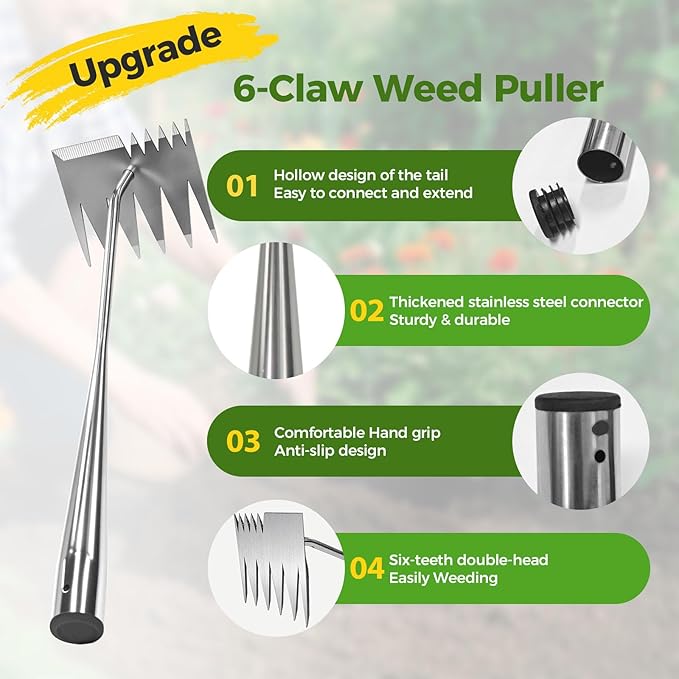 2025 Upgraded Weed Puller Tool, 6-Tooth Manganese Steel Manual Weeders, Portable Garden Weed Remover Tools for Vegetable Gardening Backyard Farm Planting & Weeding