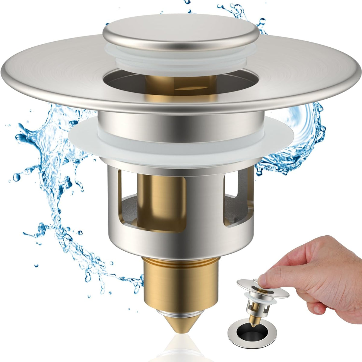 Hibbent All Metal Universal Bathroom Sink Stopper for 1.1''~2.3'' Basin, Pop Up Sink Drain Strainer, Brass Bullet Core Push Type Stopper, Stainless Steel Anti Clogging Drain Filter, Brushed Nickel