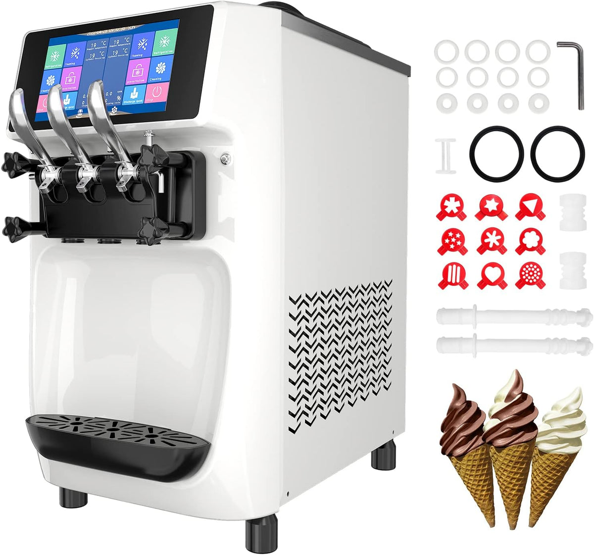 Commercial Ice Cream Maker Machine, 10 Inch LCD Touch Screen Dual System Independent Operation, 6.8 to 8.4 Gal/H Soft Serve Ice Cream Machine With Pre-cooling Frequency Conversion