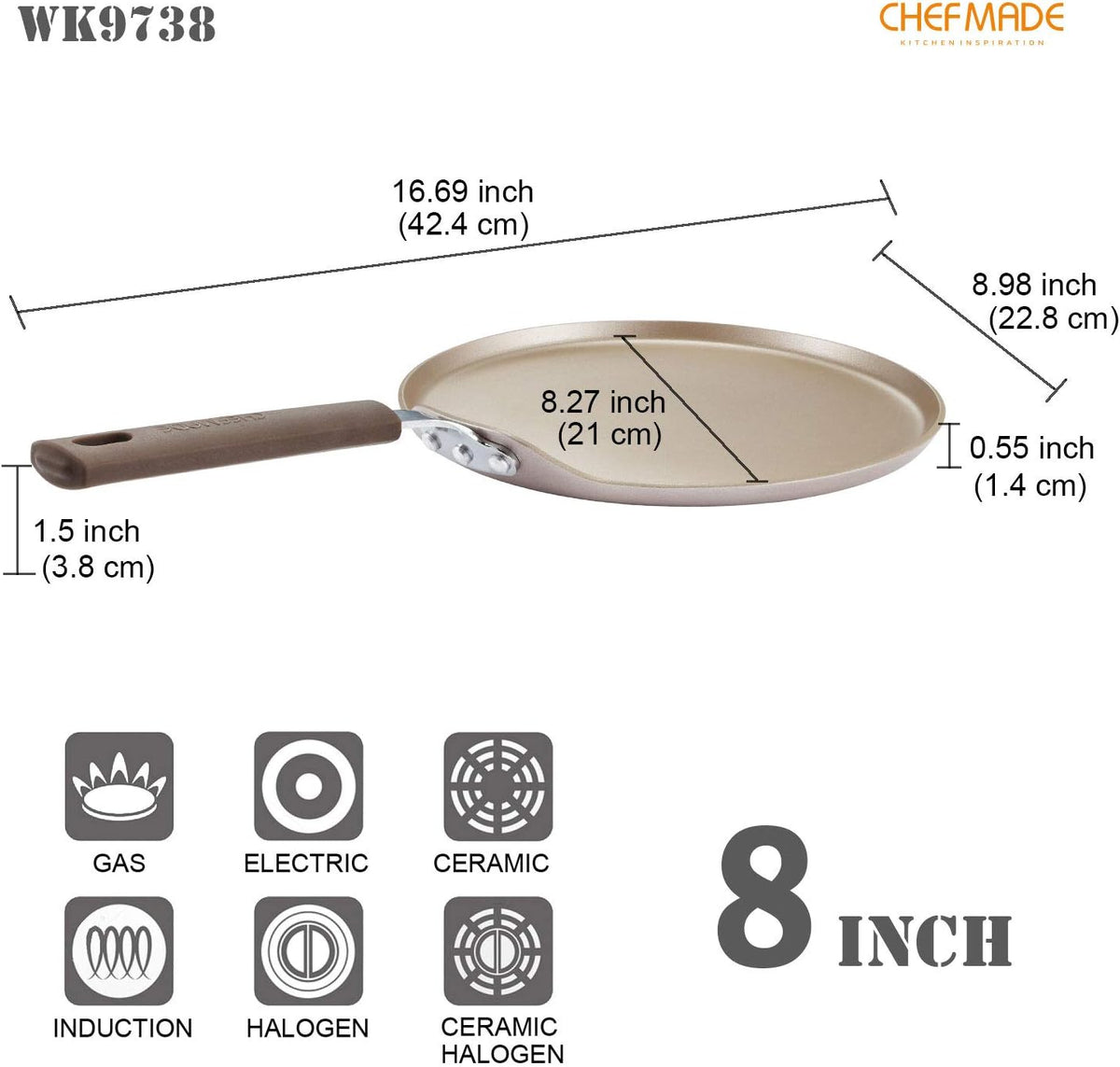 CHEFMADE Crepe Pan with Bamboo Spreader, 8-Inch Non-Stick Pancake Pan with Insulating Silicone Handle for Gas, Induction, Electric Cooker (Champagne Gold)