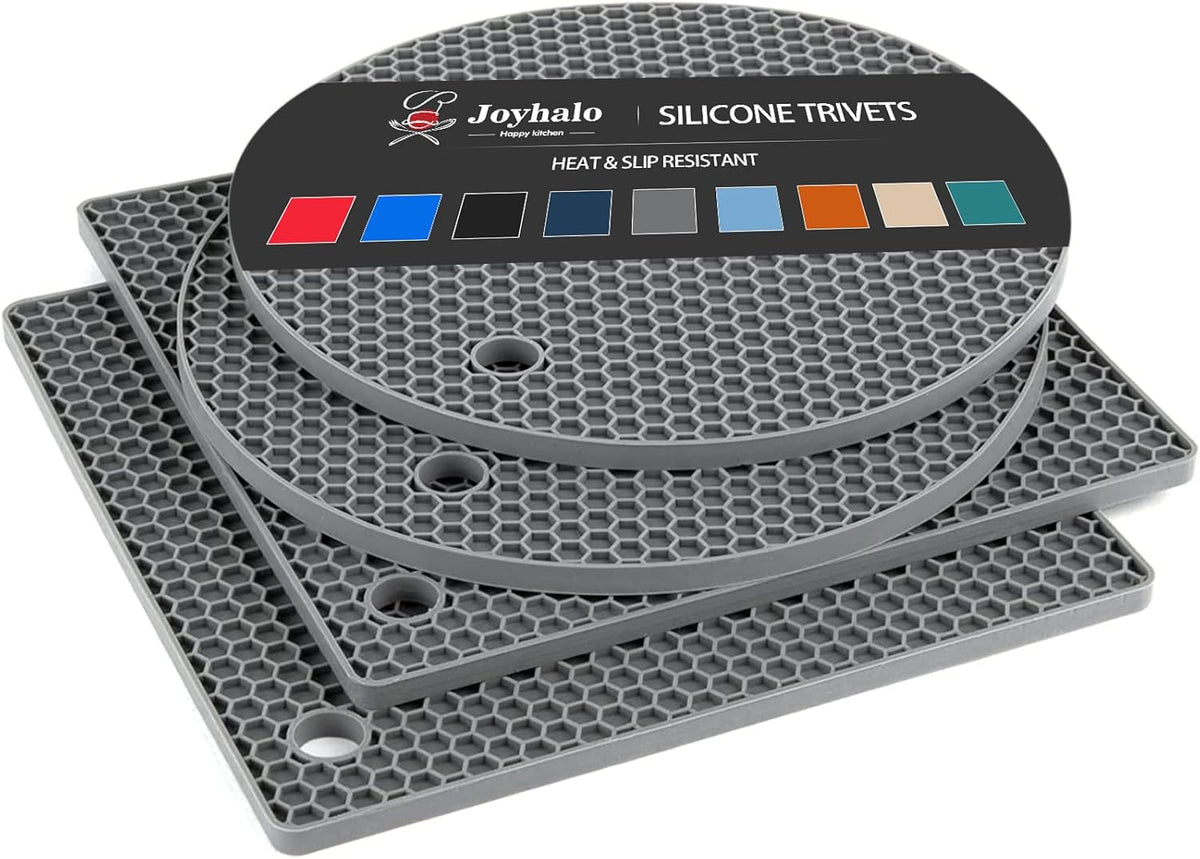 Joyhalo Trivets for Hot Dishes - Hot Pads for Kitchen, Silicone Pot Holders for Hot Pots and Pans, Silicone Mats for Kitchen Countertops, Table, Flexible Easy to Wash and Dry, Grey