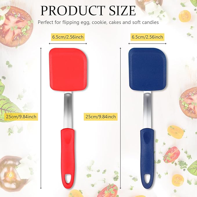 Silicone Cookie Spatula Turner 2 Pack Mini Brownie Spatula Flexible Kitchen Small Silicone Turner for Nonstick Cookware Heat Resistant No Scratch Flipper for Egg Pancake(Red,Blue)