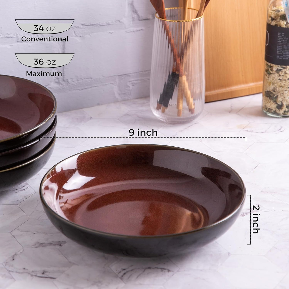 LERATIO Pasta Bowls,Ceramic 38oz Pasta Bowls,9.0" Reactive Glaze Pasta Bowl Set of 6,Microwave & Dishwasher,Oven Safe,Large Wide Serving Bowls for Salad, Dessert,Pizza,Fruit -Red
