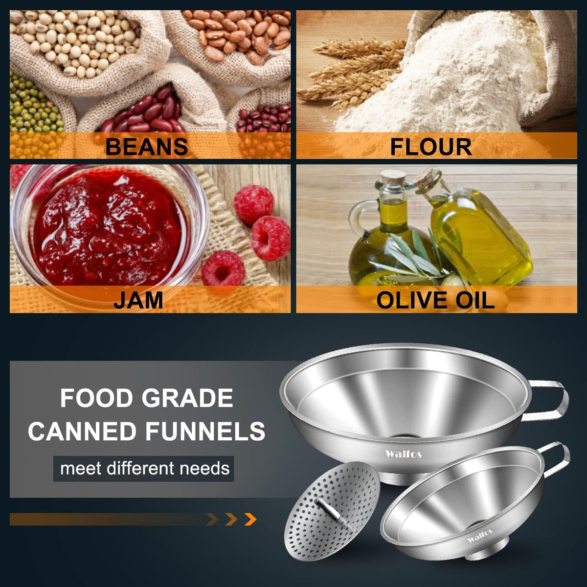 Walfos 5.5 Inch and 4 inch Stainless Steel Wide-Mouth Funnel with Handle for Wide and Regular Mason Jars Canning Jars,Wide Mouth Funnels for Kitchen Use Transferring Liquid and Dry Ingredients!