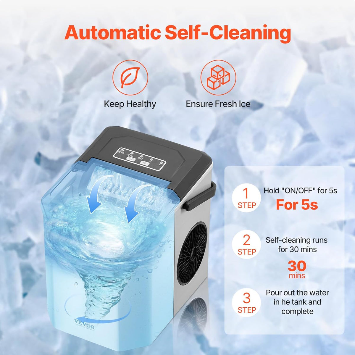 VEVOR Countertop Ice Maker, 9 Cubes Ready in 6 Mins, 26lbs in 24Hrs, Self-Cleaning Portable Ice Maker with Ice Scoop and Basket, Ice Machine with 2 Sizes Bullet Ice for Home Kitchen Office Bar Party