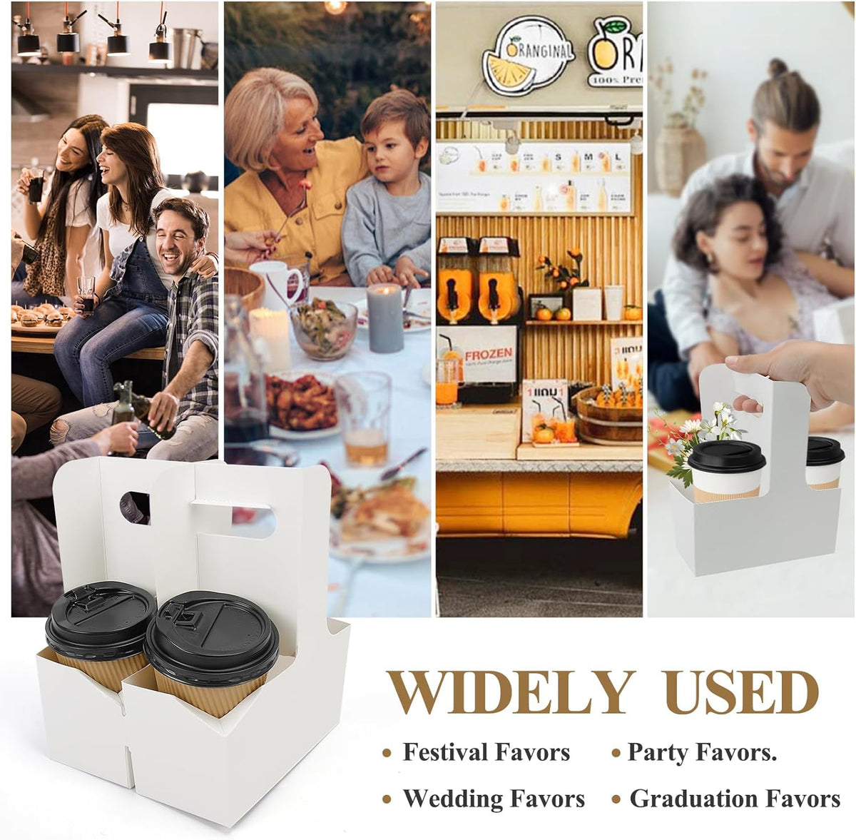 HFH Disposable 2-Cup Drink Carrier with Handle, Cardboard Cup Holder for Takeout, White (30P)