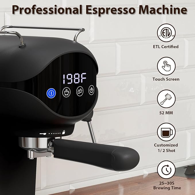 Espresso Machine with Steam Milk Frother Semi Automatic 20 Bar Compact Black with Touch Screen for home Cafetera Espresso, Latte, Cappuccino, Americano, Macchiato