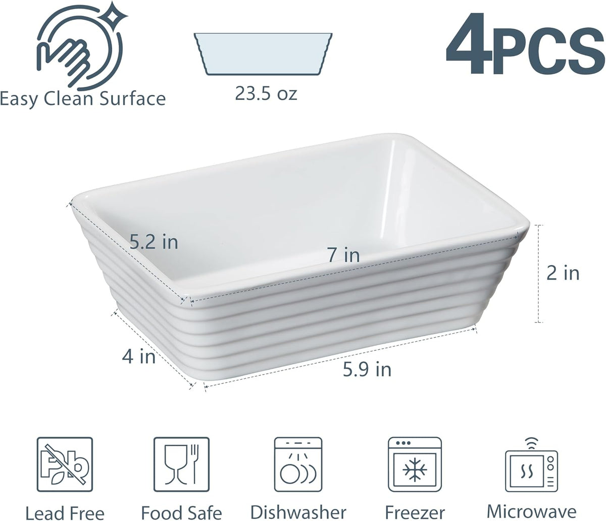 ONEMORE Small Baking Dish, Rectangle Ceramic Baking Dish for Oven, Individual Casserole Dishes for Toaster Oven, 5x7 Small Deep Lasagna Baking Dish, Oven Safe, 1-2 Person Baking Dishes Set of 4, White