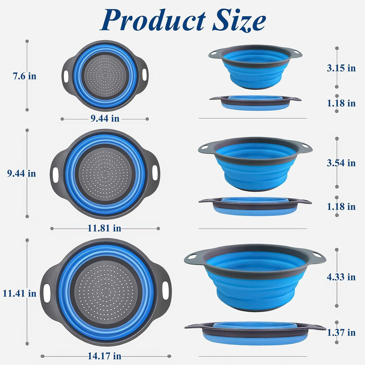 Collapsible Colander Set of 3, Space-Saving Foldable Strainer for Kitchen, 3 Sizes Food Strainer for Draining Pasta, Vegetable and Fruit, Kitchen Gadgets for Home Use and Outdoor Camping (Blue)