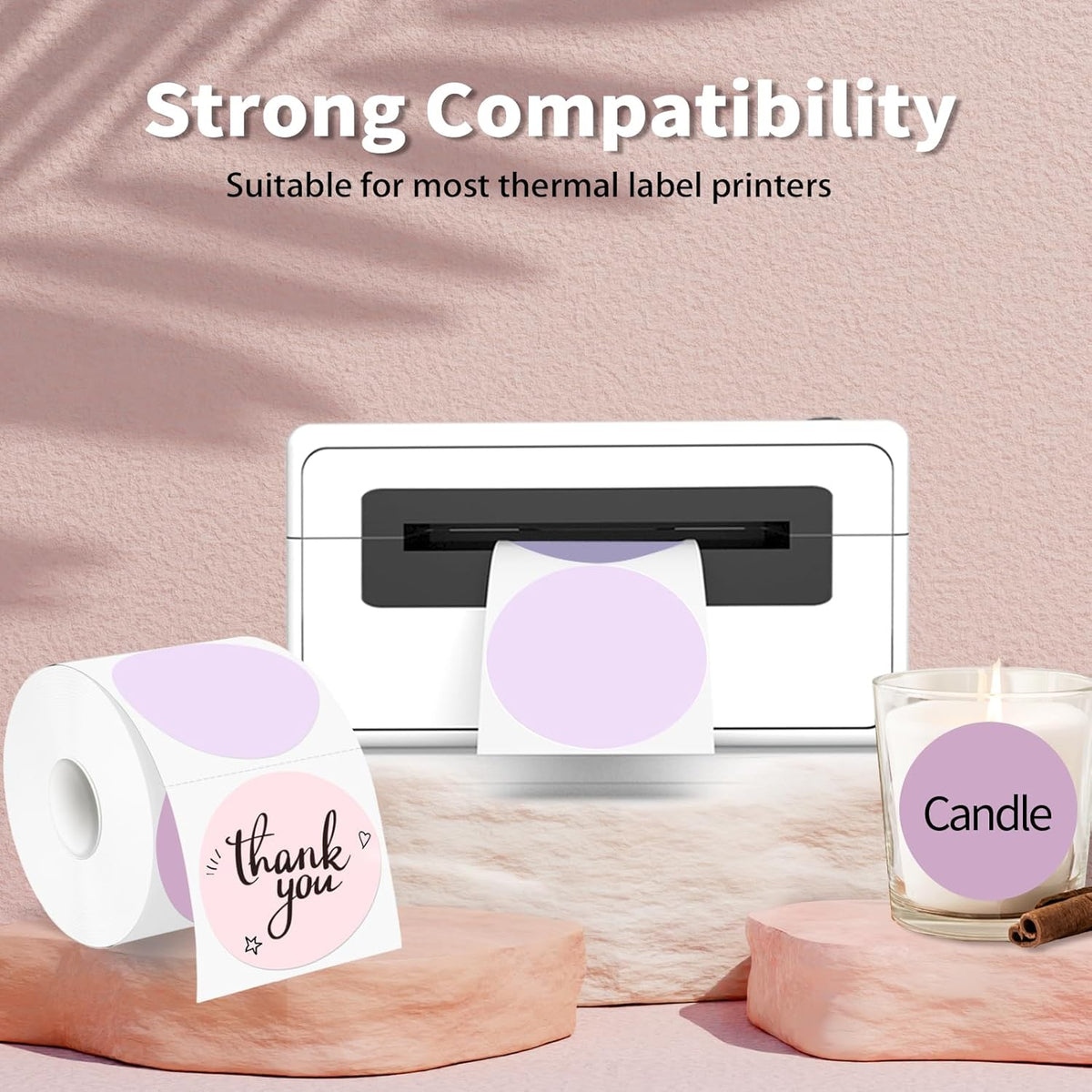Thermal Label,2 Inch Pink Gradient Round Thermal Printer Stickers,Self-Adhesive Round Direct Thermal Labels,Thermal Stickers for DIY Logo Design,Name Tag (500 Labels/1 Roll)