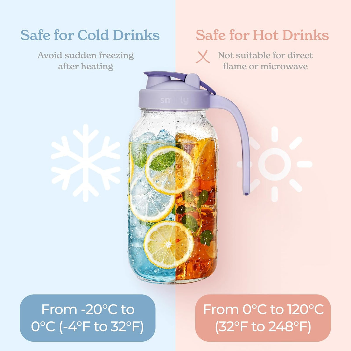SMIRLY 64 oz Mason Jar Pitcher,Glass Pitcher with Wide Mouth,Water Jug with Double Leak Proof Lid for Iced Coffee,Hot Water,Breast Milk