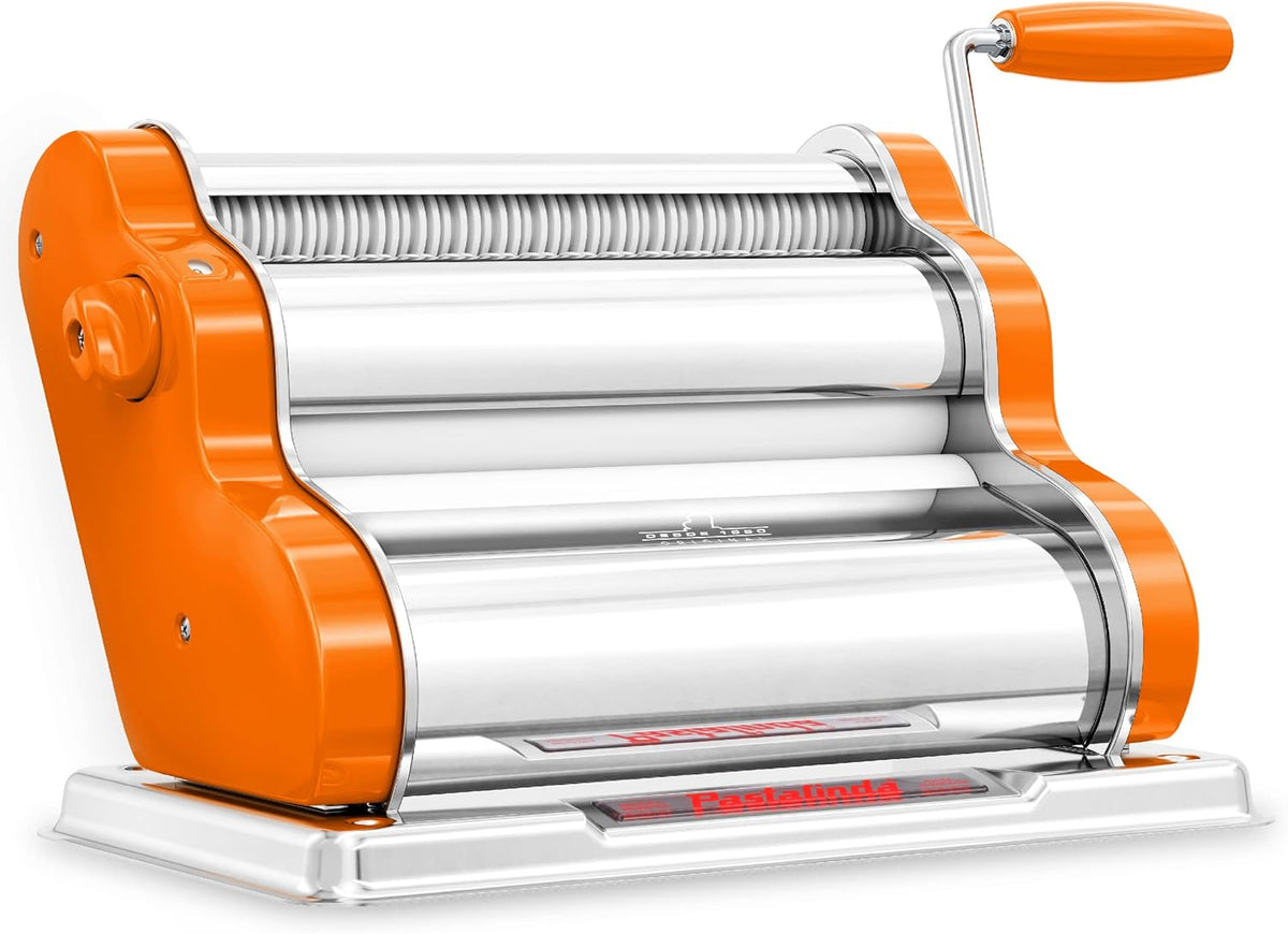 PASTALINDA Classic 260 Pasta Maker Machine, 26 cm Wide Rollers, 9 Thickness Positions, 2 Cutting Positions, Stainless Steel. Includes Reinforced Hand Crank And Two Clamps (Orange)