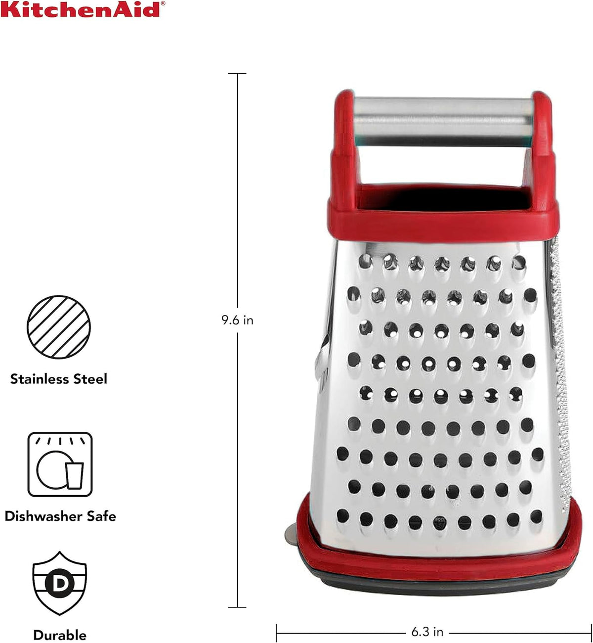 KitchenAid Gourmet 4-Sided Stainless Steel Box Grater for Fine, Medium and Coarse Grate, and Slicing, Detachable 3 Cup Storage Container and Measurment Markings, Dishwasher Safe, 10 inch, Red